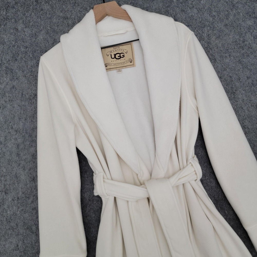 UGG Duffield II Robe Womens M Cream Fleece Kimono Belted Shawl Collar Pockets - Picture 5 of 14